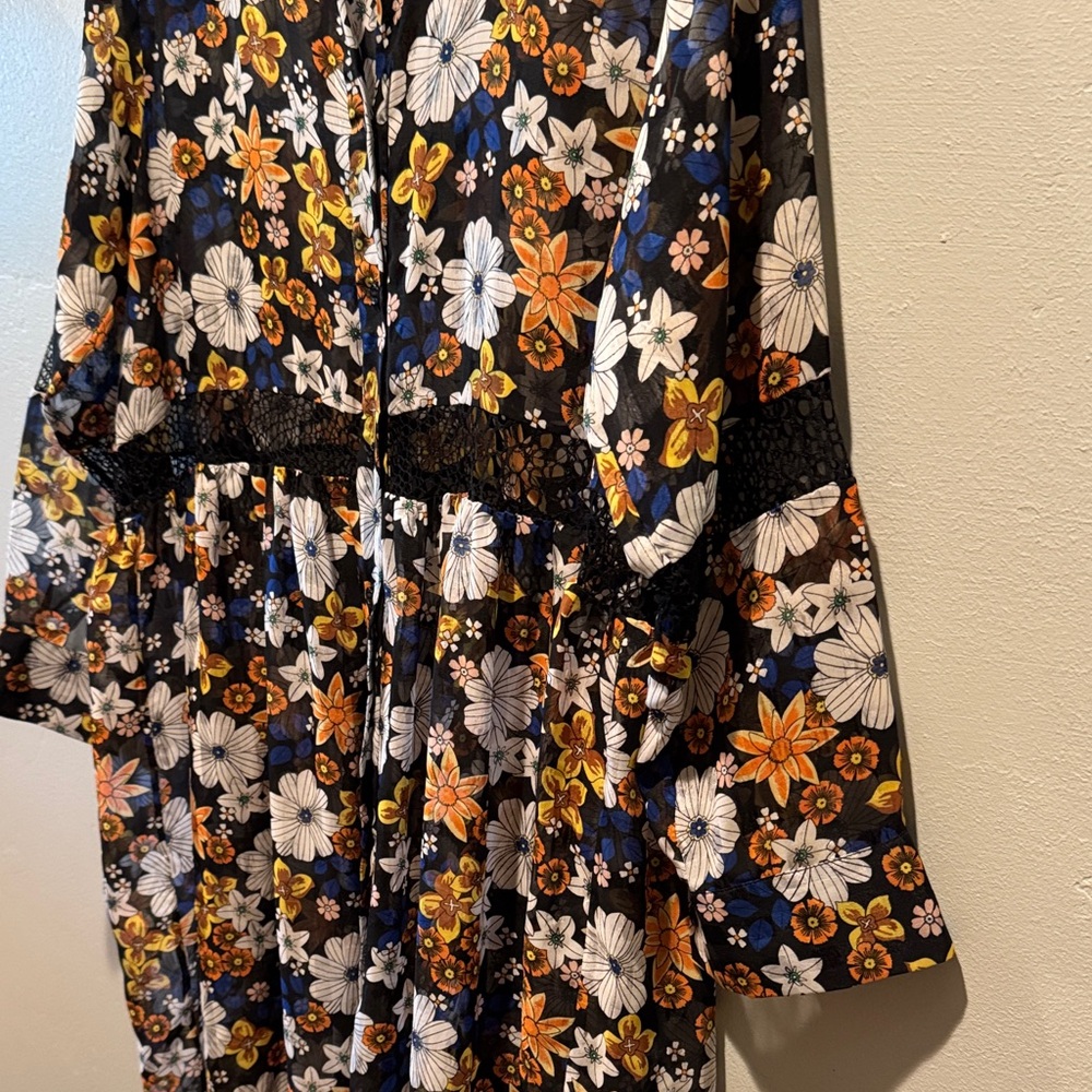 Sandro Paris Reyes Floral Button-Front Sheer Smock Dress in Black & Mustard - Picture 8 of 16
